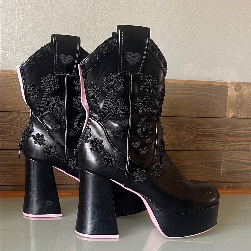 Dolls Kill Black and Pink Floral Heeled Boots